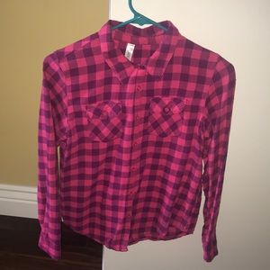 Cherokee pink and purple plaid flannel top